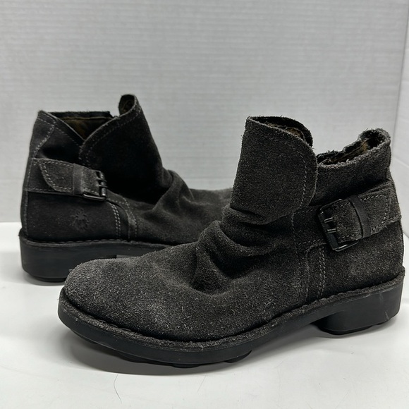 Fly London Ankle Boots Shoes Booties Suede Side Zip Buckle Gray Size 38 US 8 - Picture 2 of 11